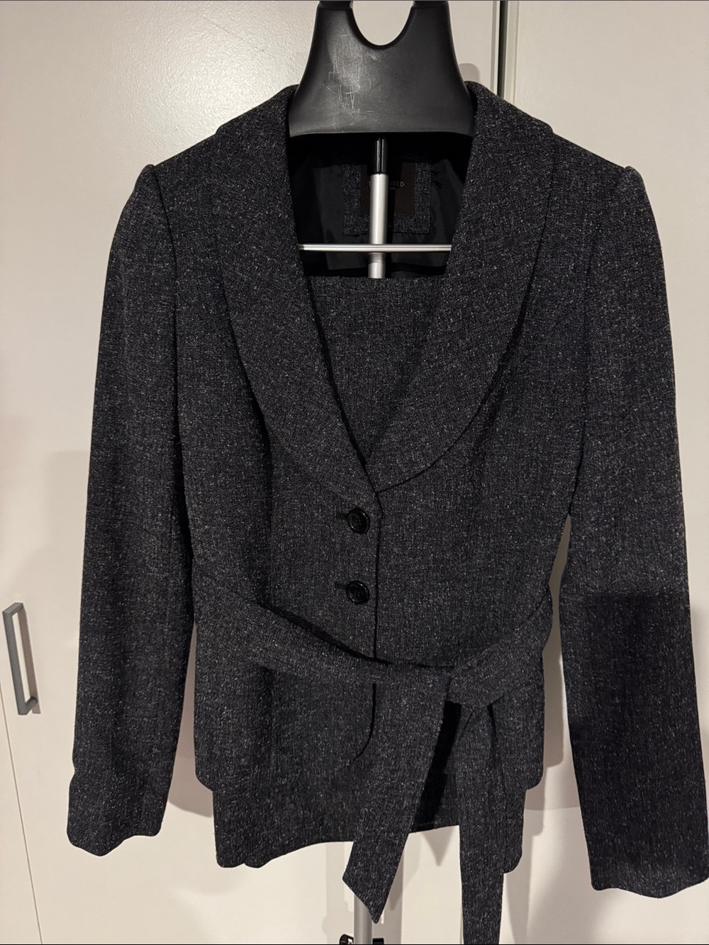 The Limited Dark Charcoal Shawl-Collar Belted Blazer With Matching Pencil Skirt.